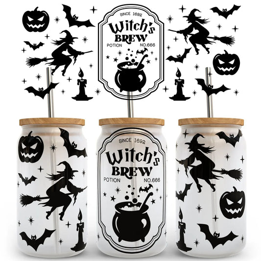 1pcs Halloween Witches Brew Witch UV DTF Transfer Sticker Libbey 16oz Glass Cups Mug Wraps Sticker Halloween Party Home Decor