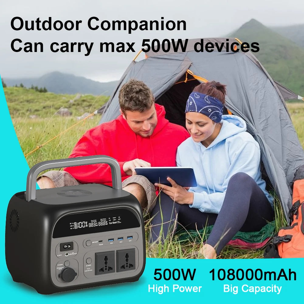 500W Power Station Outdoor Portable Solar Power 345.6Wh LiFePo4 Battery 220V Powerful Power Bank Energy Storage Supply Camping