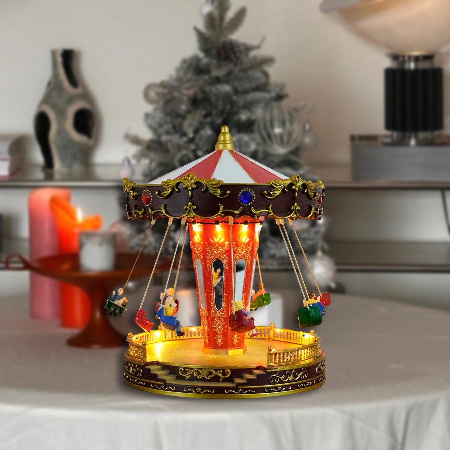 Rotatable LED Christmas Carousel Statue Music Box Decoration Table Centerpiece for Birthday Valentine's Day Children Xmas Gifts
