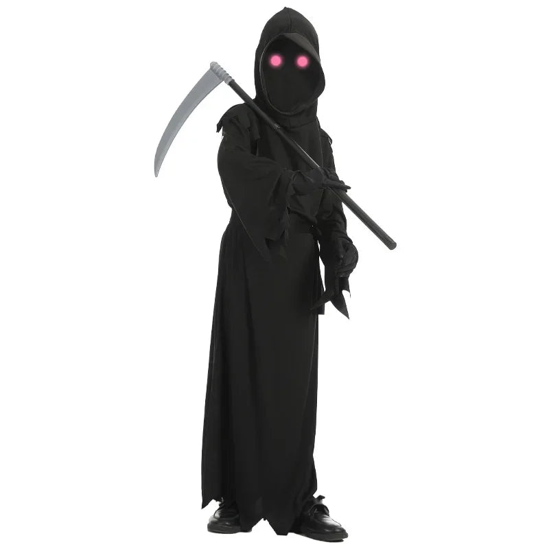 Child Horror Red Eye Grim Reaper Costume Scythe Devil Darkseid Ghost Cosplay Suit Halloween Hooded Party Dress Gloves