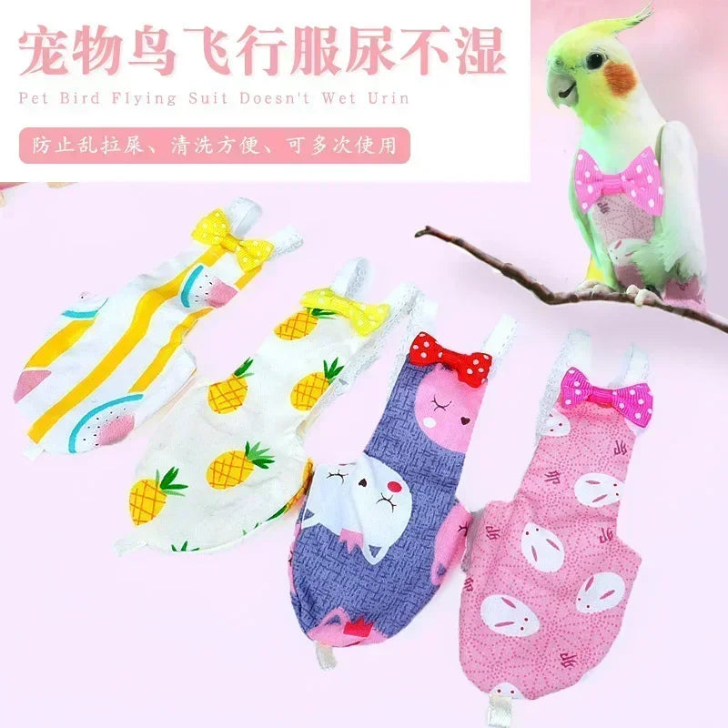 Parrot Diaper with Bowtie Cute Colorful Fruit Floral Cockatiel Pigeons Small Medium Large Pet Birds Flight Suit Clothes Washable