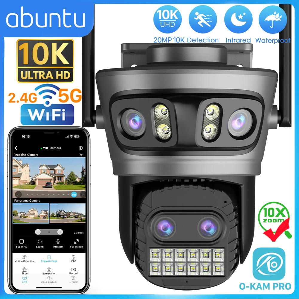 20MP 10K PTZ Wifi Camera Four Lens 10X Zoom Surveillance Camera Outdoor 360°No Dead Angle Ultra Long Range Night Vision Security