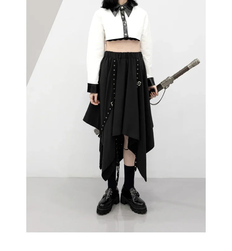 Gothic Irregular Skirts Women Harajuku Vintage Punk High Waist Cargo Midi Skirt Japanese Black Pleated Casual A Line Skirt