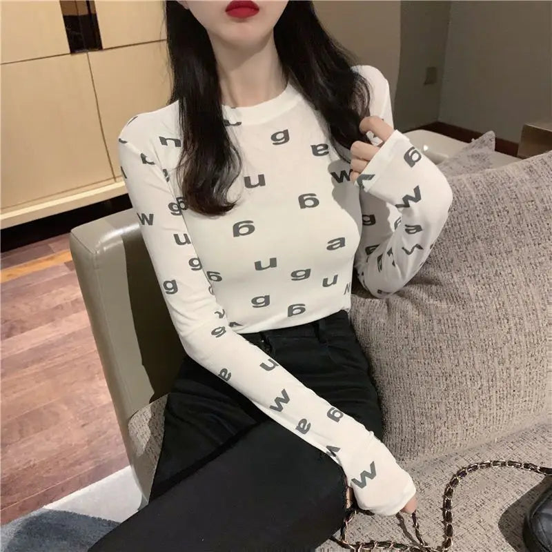 Spring Autumn New Fashion Pure Cotton Printing Letter T-Shirts Women's Clothing Round Neck Long Sleeve Pullovers Korean Thin Top