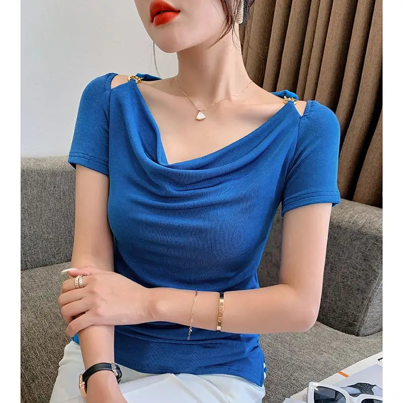 Elegant Off Shoulder Slim T Shirts Summer New Short Sleeve Hollow Out Solid Color Pleated Tops Tees Fashion Trend Women Clothing