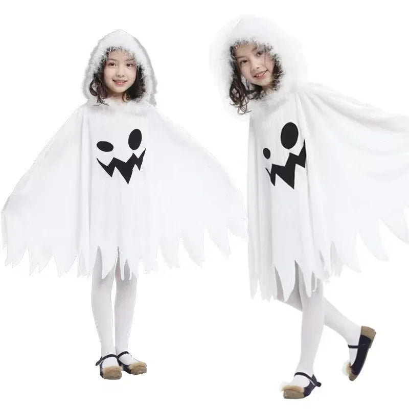 Children's Halloween Cosplay Costumes White Elf Ghost Hooded Cape Christmas Cape Dress Up As A Halloween Stage Costume