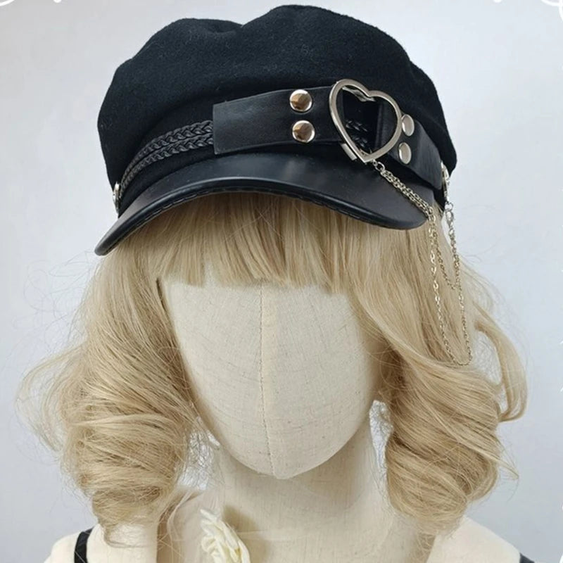 Lolita Girls Felt Beret Cap with Love Heart Buckle Belt Women Fashion Tassel Chain Octagonal Hat Adult Teens Party Cosplay Hat