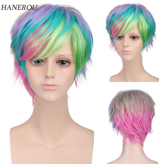 Synthetic Short Rainbow Wig Natural Straight For Men Orange Hair With Bangs Cosplay Anime Halloween Daily Wig