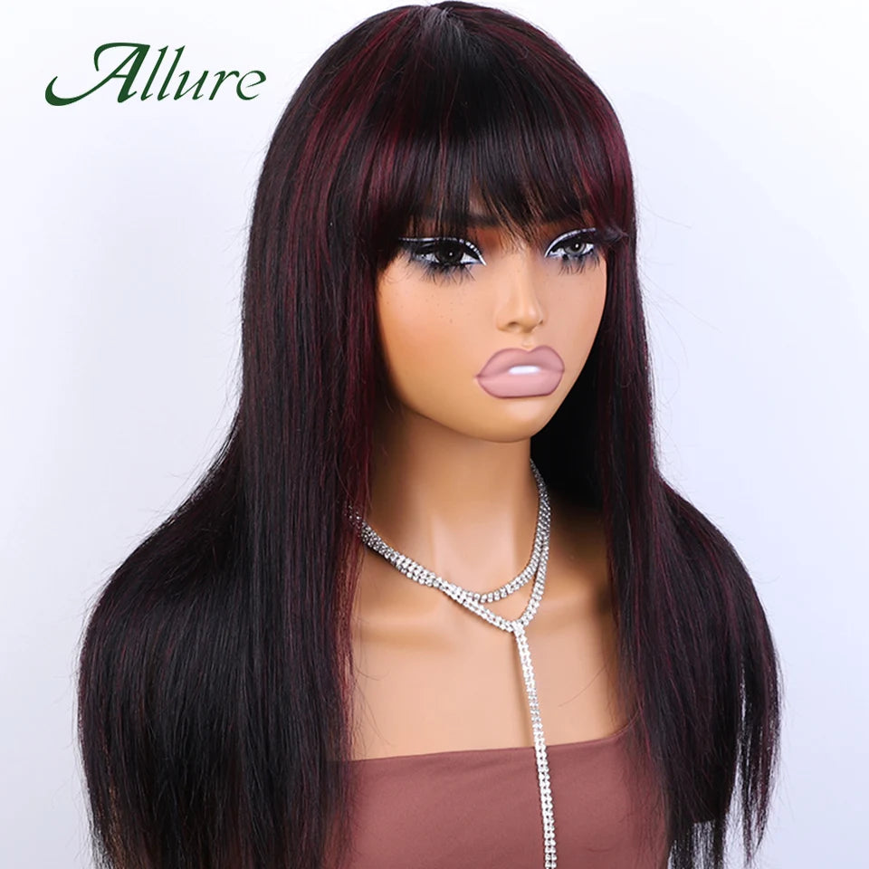 Brazilian Straight Human Hair Wigs for Women Ombre Glueless Wig With Bangs 180% Density Burgundy Colored Hair Long Wigs Allure