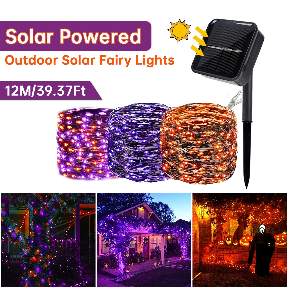 2 Pack 120LED Halloween Solar Powered Black Copper Wire Lamp Lights With 8 Lighting Modes Outdoor Waterproof Horror Atmosphere