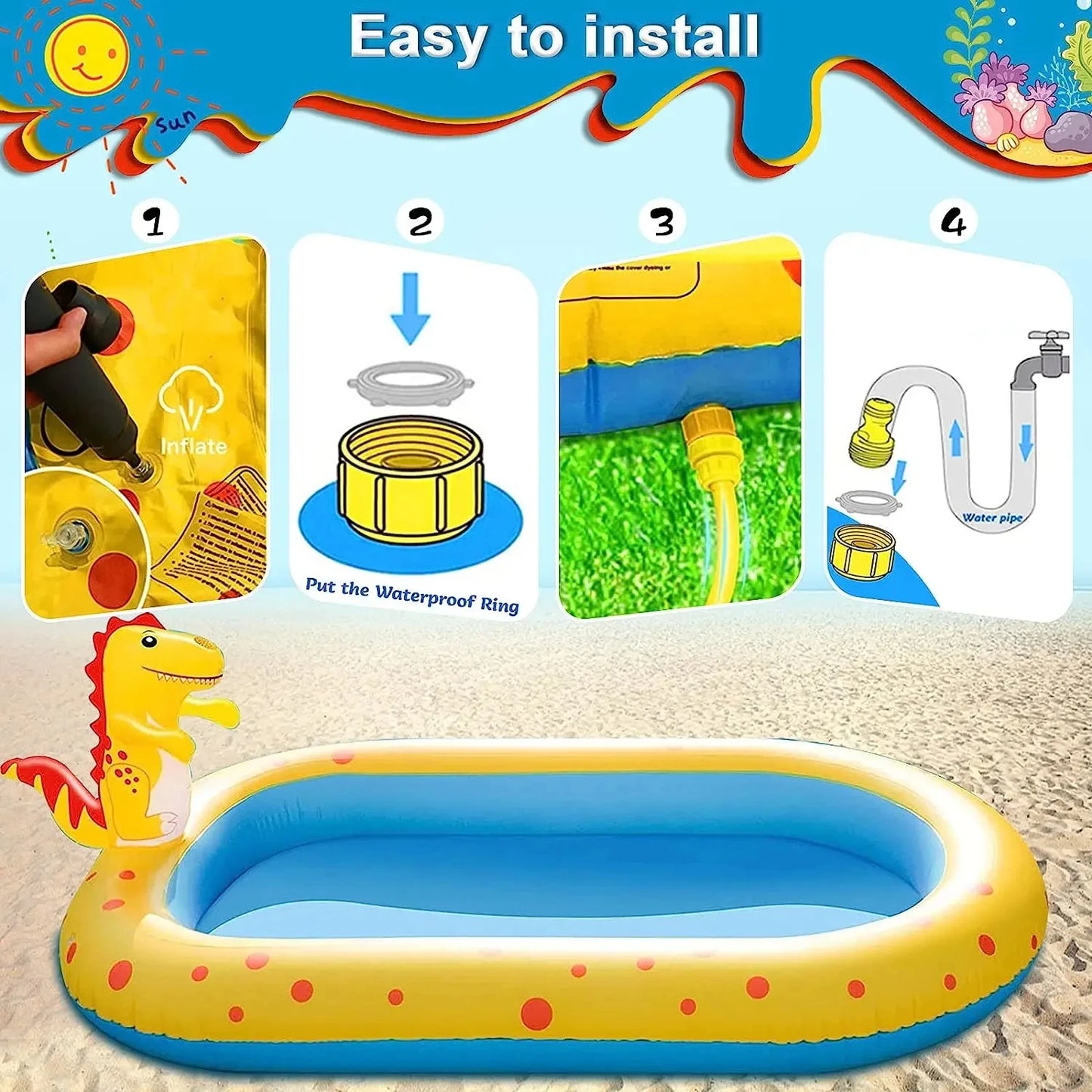 Inflatable Children Swimming Pool for Kids Summer Dinosaur Sprinkler Kiddie Pool Backyard Splash Pad Outdoor Water Toys