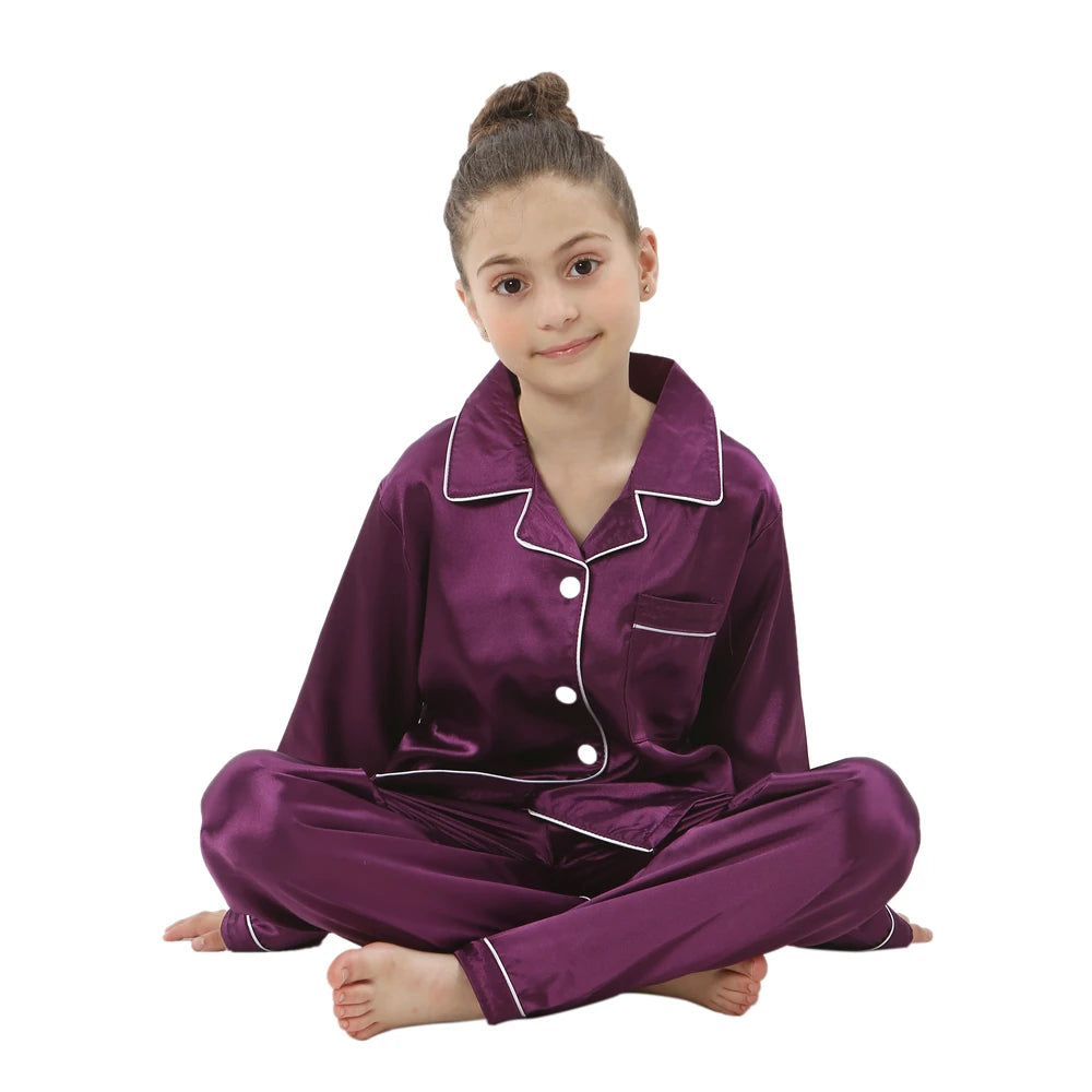 Boys Sliver Color Satin Pajamas Sets Children Turn Down Collar Silk Loungewear Girls Sleepwear Kids Pyjamas Sets Nightwear Pjs