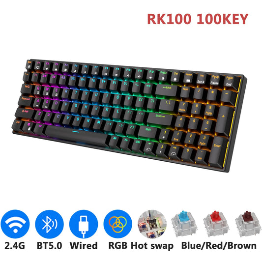 To RK100 2.4G Wireless/Bluetooth/Wired RGB Mechanical Keyboard 100 Keys Hot Swappable Gaming Keyboard for Win/Mac