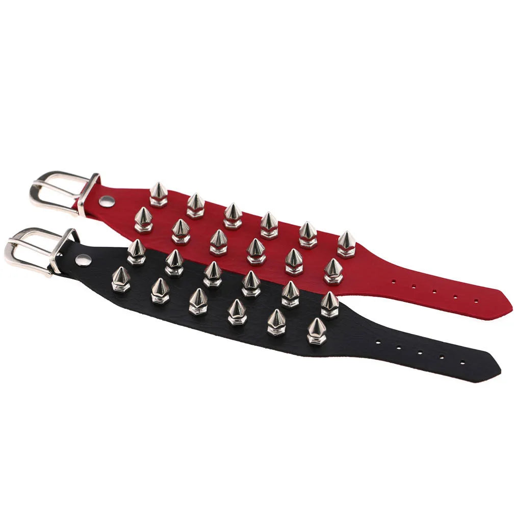 Punk Rock Gothic Black Red Pu Leather Jewelry Two Row Spike Rivet Stud Wide Cuff Bracelets For Women Men Pulsera Hombre