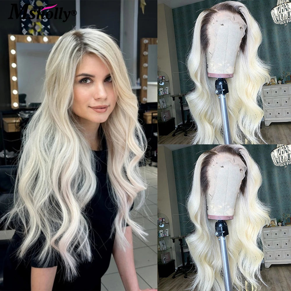 Highlight Platinum Blonde Body Wave Lace Front Human Hair Wigs With Dark Roots Pre Plucked 180% Density Free Part Wig Human Hair