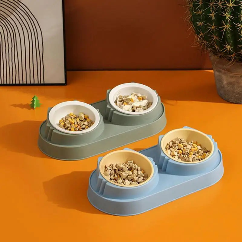 Double Cat Bowl Elevated Stainless Steel Feeder No Spills Catch Water and Food Mess Sturdy Pet Feeding Bowl supplies