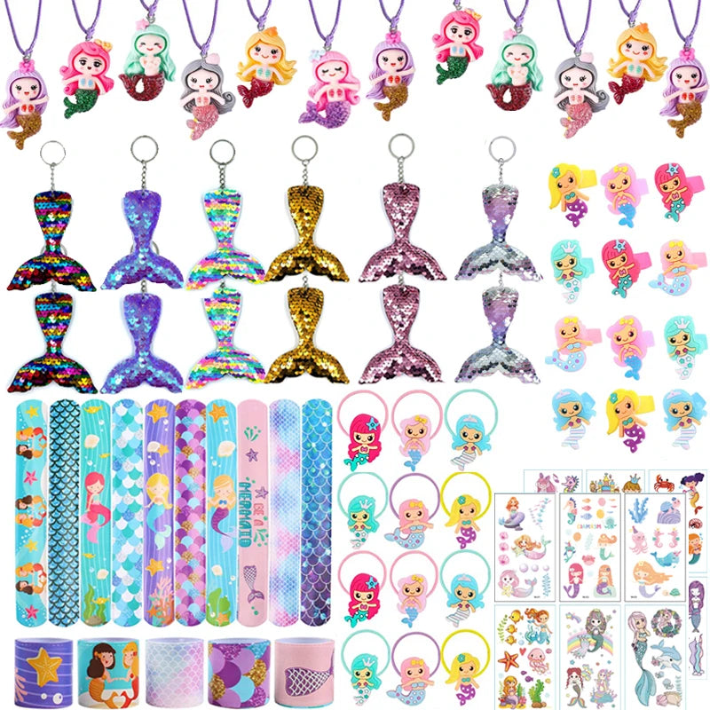 72pcs/36pcs Mermaid Party Favors Girls Birthday Pinata Filler Christmas Wedding Gifts Mermaid Bracelet Keychain Necklace Toys