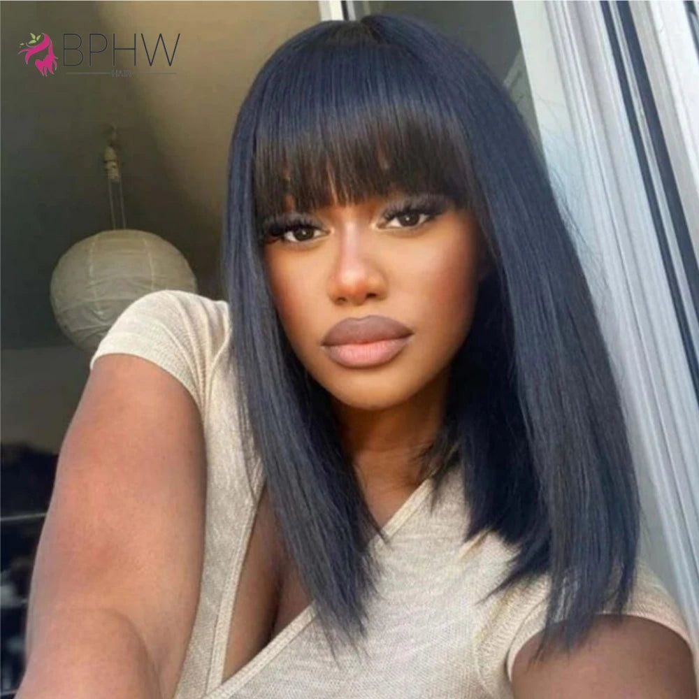 Straight Bob Wig With Bangs For Women Peruvian Full Machine Made Wig for Women Natural Color 100% Human Hair Wigs Short Bob Wig