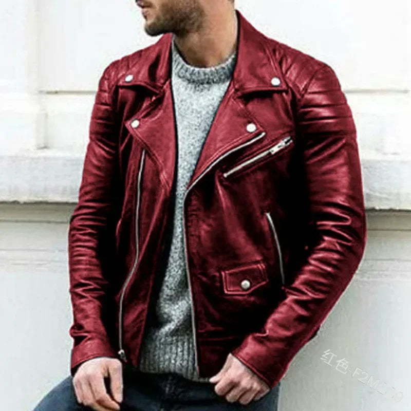 Mandylandy Men PU Leather Coat Teen Stand Collar Punk Male Motorcycle Leather Jackets Faux Leather Zipper Autumn Handsome Coats