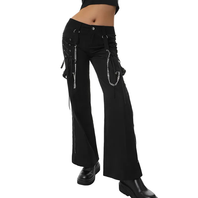 WPNAKS Women Wide-leg Trousers Adults Punk Style Tie-up Low Waisted Solid Color Sweatpants Female Clothing Streetwear