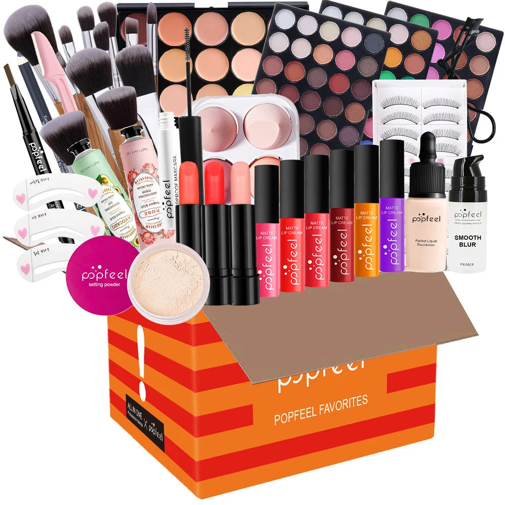 POPFEEL Multifunctional Women’s Makeup Set-Complete Beginner -Friendly Cosmetic Kit with Eyeshadow Palette, Lipstick, Hand Cream