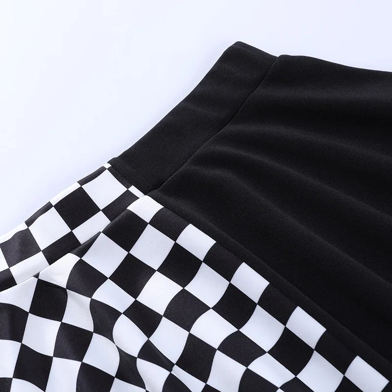 Y2K Houndstooth Color Block Mosaic Skirts Micro-trum Contrast Dark Style Pleated Skirts Women's High-waist Street Trend Skirts