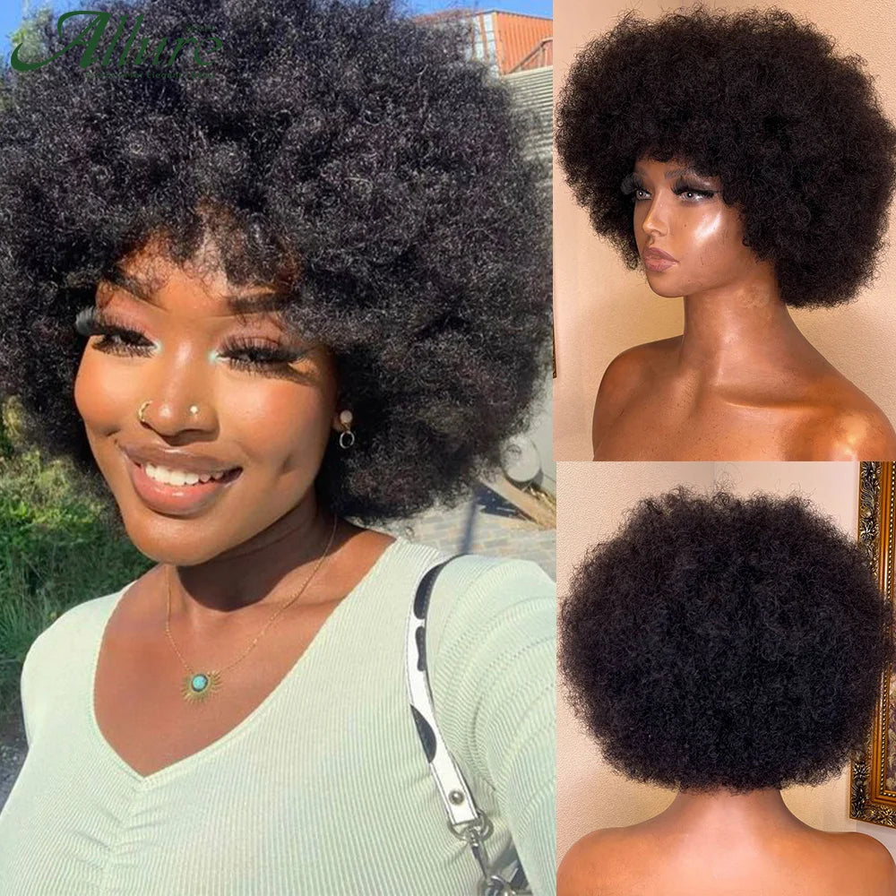 Fluffy Afro Kinky Curly Wig For Black Women Remy Brazilian Human Hair Short Sassy Wear to Go Wigs Natural Brown Burgundy Allure