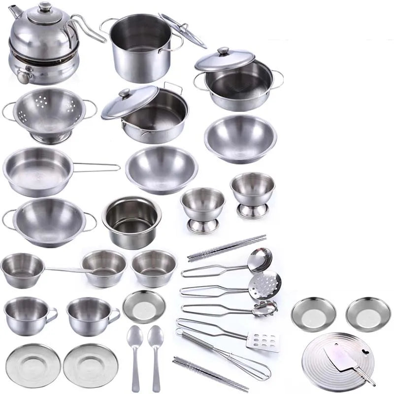 Kids Simulation Play House Toys Stainless Steel Kitchen MINI Cooking Utensils Pots Pans Food Toys Miniature Kitchen Tools Set