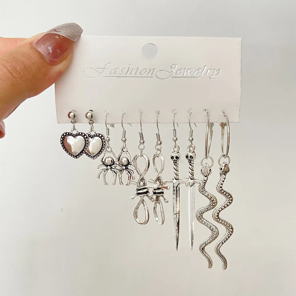 10PCS Set Personality Goth Black Butterfly Snake Heart Dangle Earring for Women Vintage Charm Hoop Earring Punk Jewelry Y2k Gift