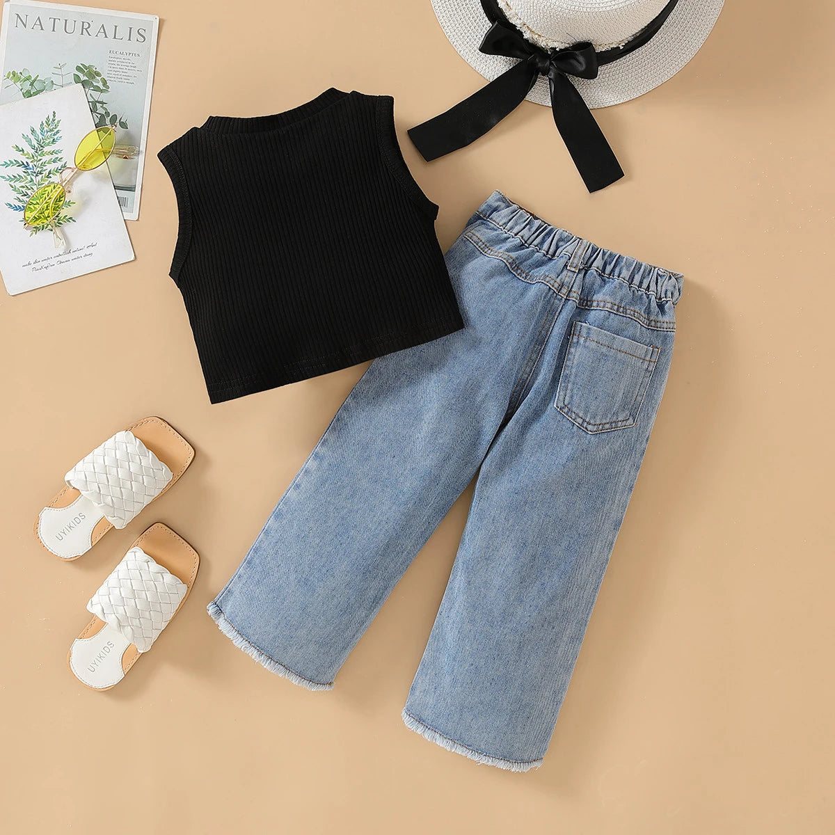 2Piece Summer Baby Girls Outfit Sets Korean Fashion Casual Black Sleeveless Cotton Tops+Loose Jeans Kids Boutique Clothes BC413