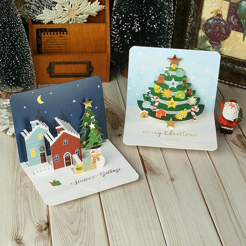 2pcs Christmas Card 3D Pop Up Christmas Eve Card New Year Winter Holiday Greeting Cards with Envelopes