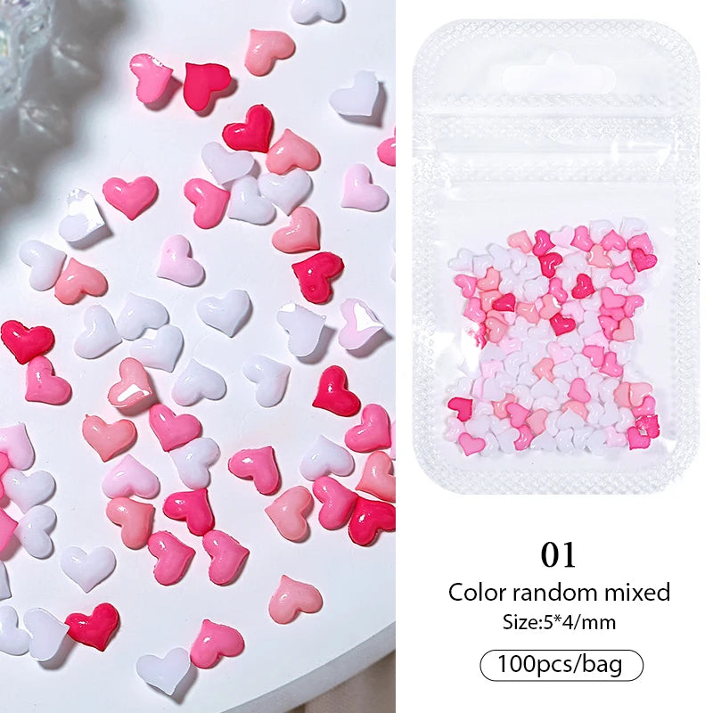 100pcs 3D Resin Pink Purple Nail Charm Flowers Heart Bear Mixed Nail Art Decoration Kawaii Pink Ribbon Bowknot DIY Nail Parts