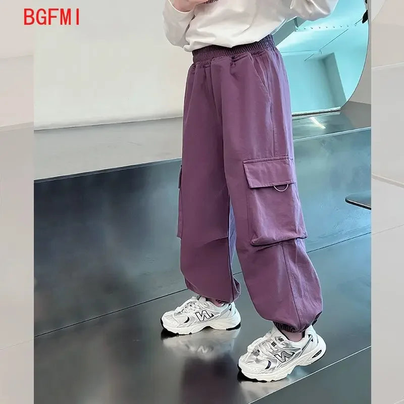 Girls Purple Casual Pants Big Children's Clothing Korean Black Cargo Long Pants Girls 2024 Spring Fashion New Cotton Trousers