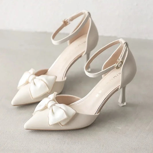 White High-heeled Shoes Single Button Slim-fit Niche Women's Dress Shoes New Summer 2023 Style Pointed Toe Rubber Upper