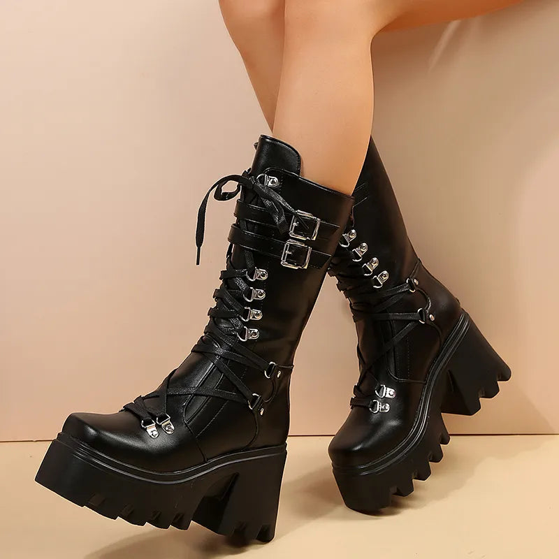 2023 New Punk Motorcycle Boots Women Patent Leather Wedges Platform Mid Calf Boots Woman Lace-Up Chunky Heel Gothic Botas Mujer