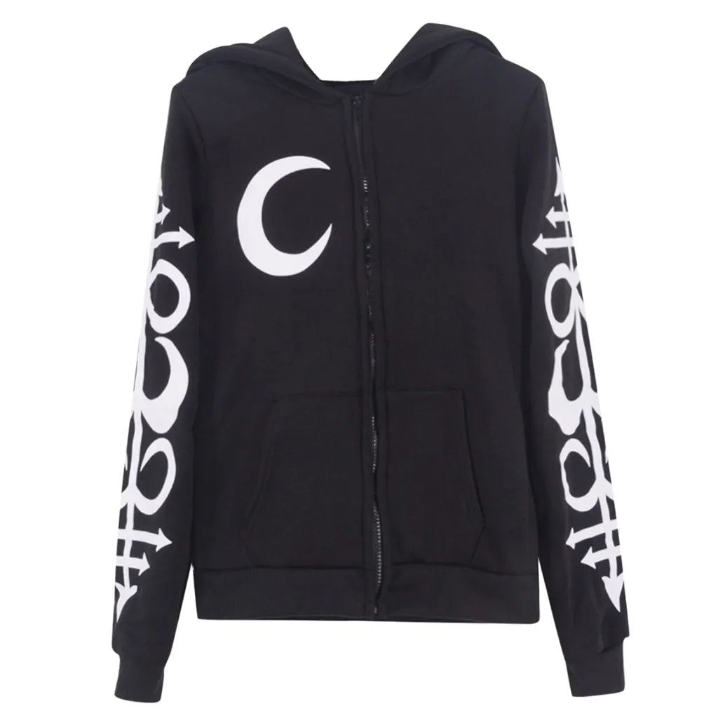 Gothic Punk Black Long Women Hoodies Sweatshirts 2023 Halloween Moon Print Long Sleeve Hoodie Women Loose Coat Hooded Sweatshirt