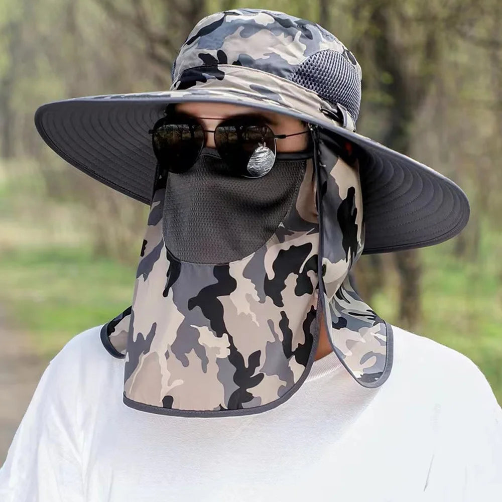 Summer Quick-drying Boonie Hats with Neck Mask Cover Men Breathable Mesh Sun Visor Fisherman Hats Outdoor Wide Brim Bucket Caps