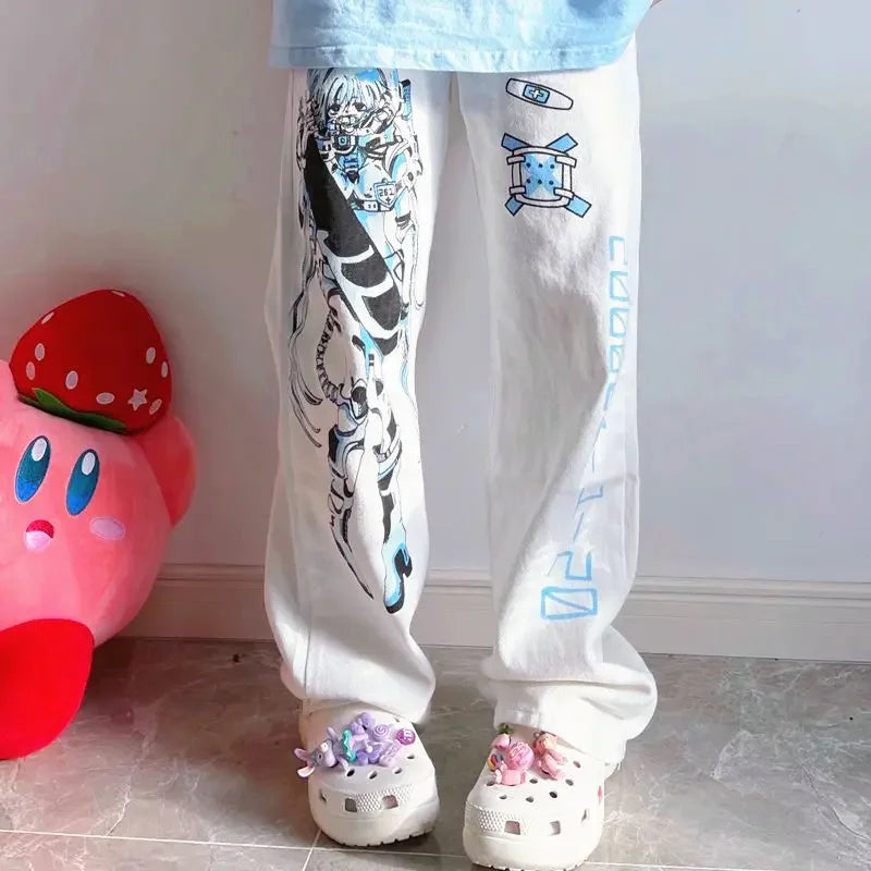 Y2K Anime Print White Pants Women Harajuku Manga Subculture Wide Leg Trousers Japanese Style Kawaii Cartoon Sweatpants