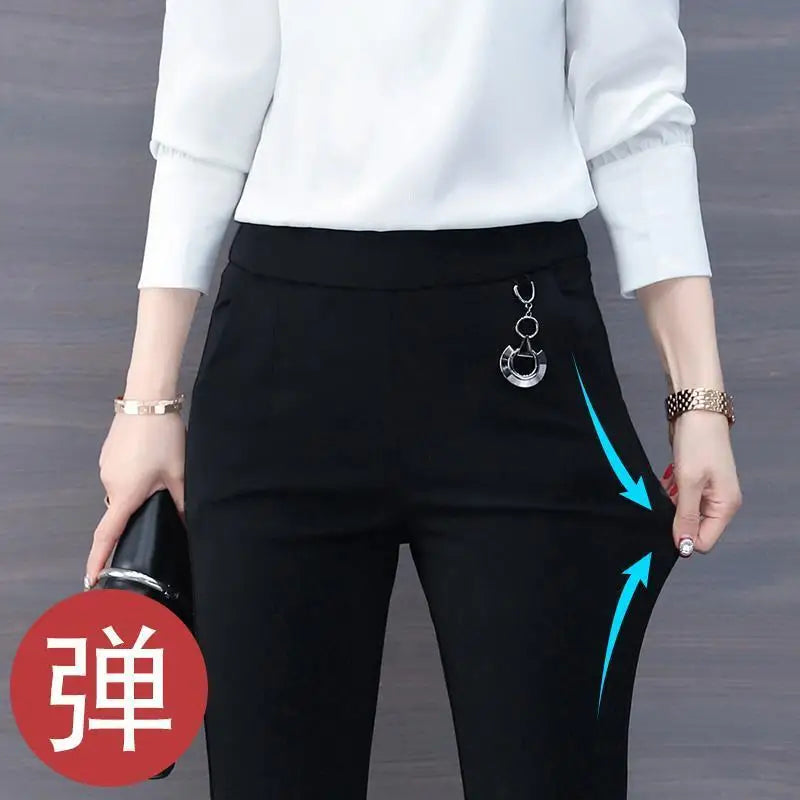 Flare Ladies Lace Patchwork High Waist Spring Autumn New Elasticity Black Trousers Women Clothing Fashion Solid Color Slim Pants