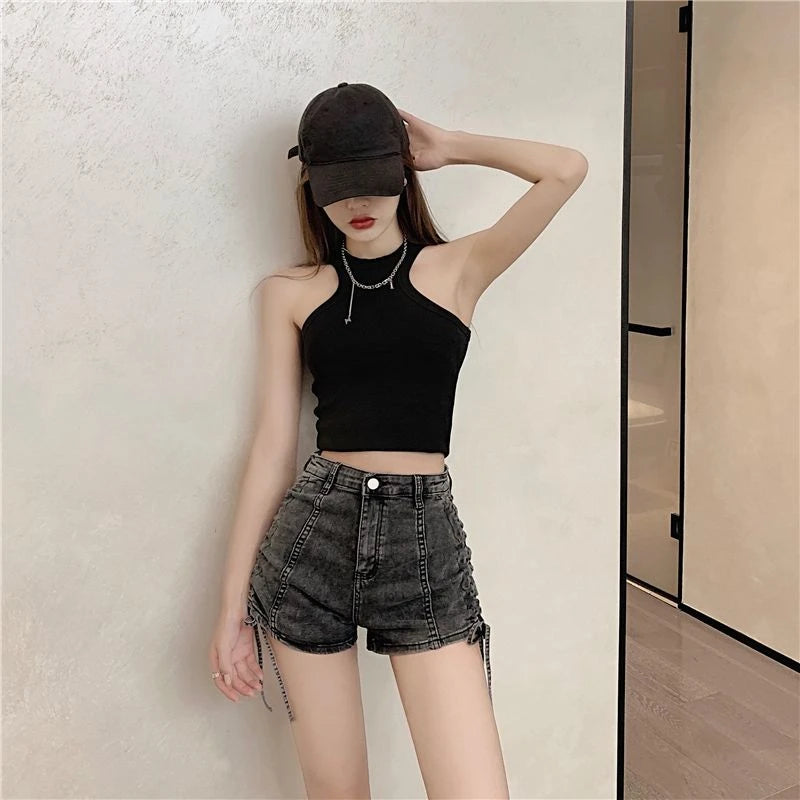 Sexy Skinny Women's High Waist Denim Shorts Fashion Clothing 2025 Streetwear Summer Drawstring Lace-up Female Short Jeans Pants