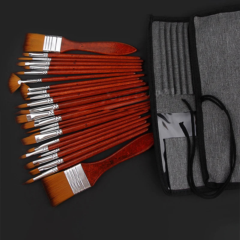 24 Pieces Mixed Canvas Bag Paint Brush Set Wood Rod Professional Oil Painting Brush for Artists Watercolor Gouache Art Supply