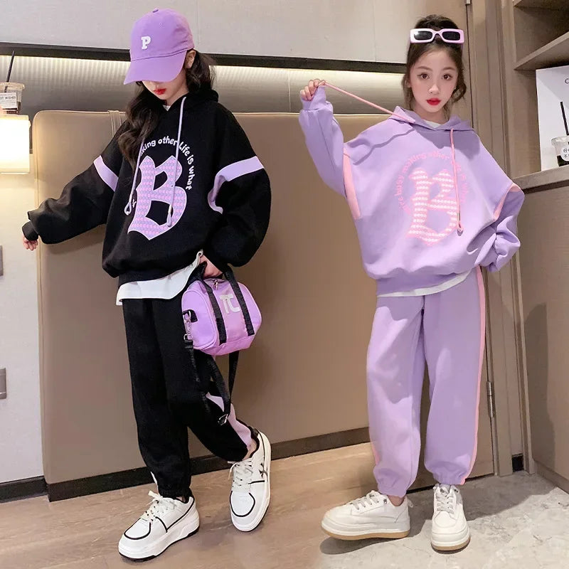 Autumn Teenage Girl Clothes Set Children's Girls Hoodies Pullover Top and Side Stripe Pant 2 Pieces Suit Kids Letter B Tracksuit