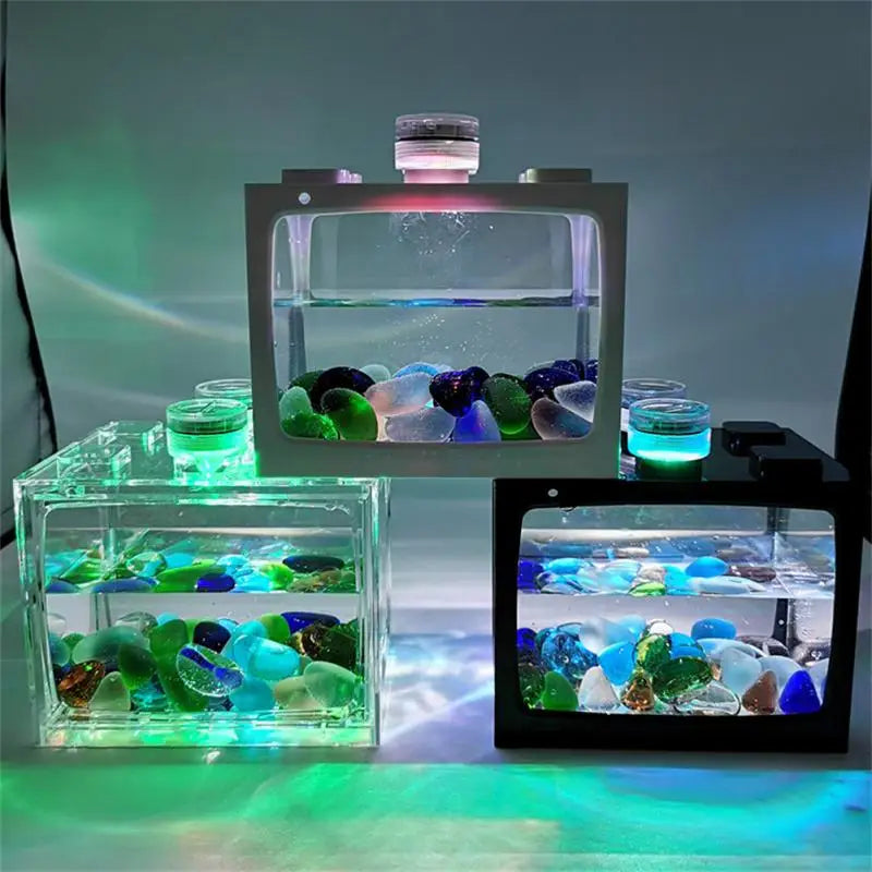 1/2PCS New Small Fish Tank With Seven-color LED Lights Desktop Creative Micro Landscape Ecological Tank Mini Tropical Fish