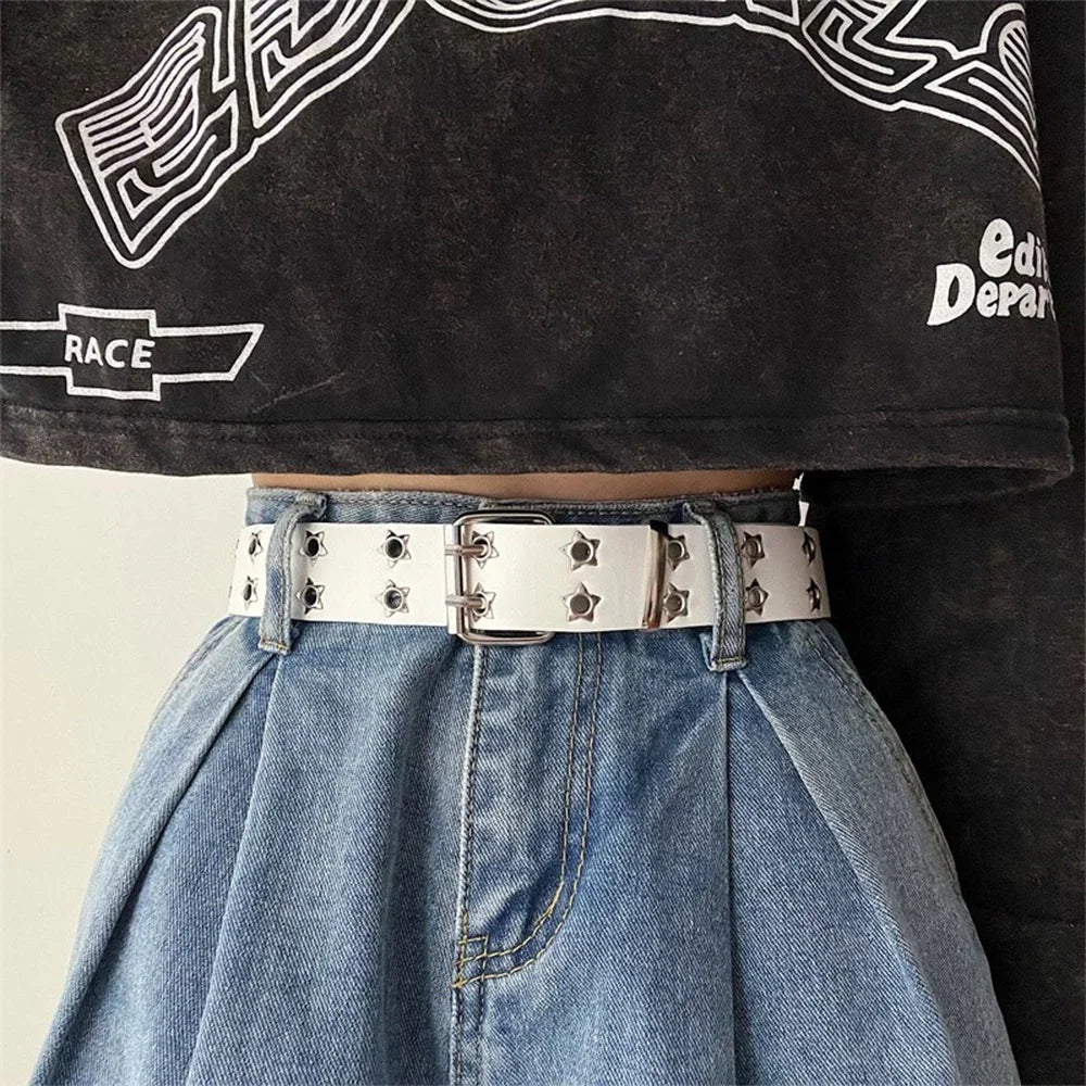 Y2K Star Rivet PU Leather Belts Women Men Punk Black White Double Row Hollow Waist Strap Trendy Waistband Jeans Skirt Decoration