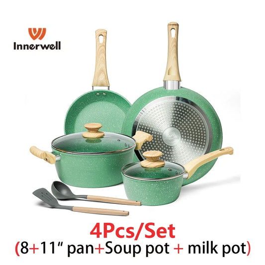 Innerwell Kitchen Cookware Set 8/11 Inch Frying Pan Soup Pot Milk Pots Nonstick Nontoxic Breakfast Cooking Gourmet Stir Fry Pan