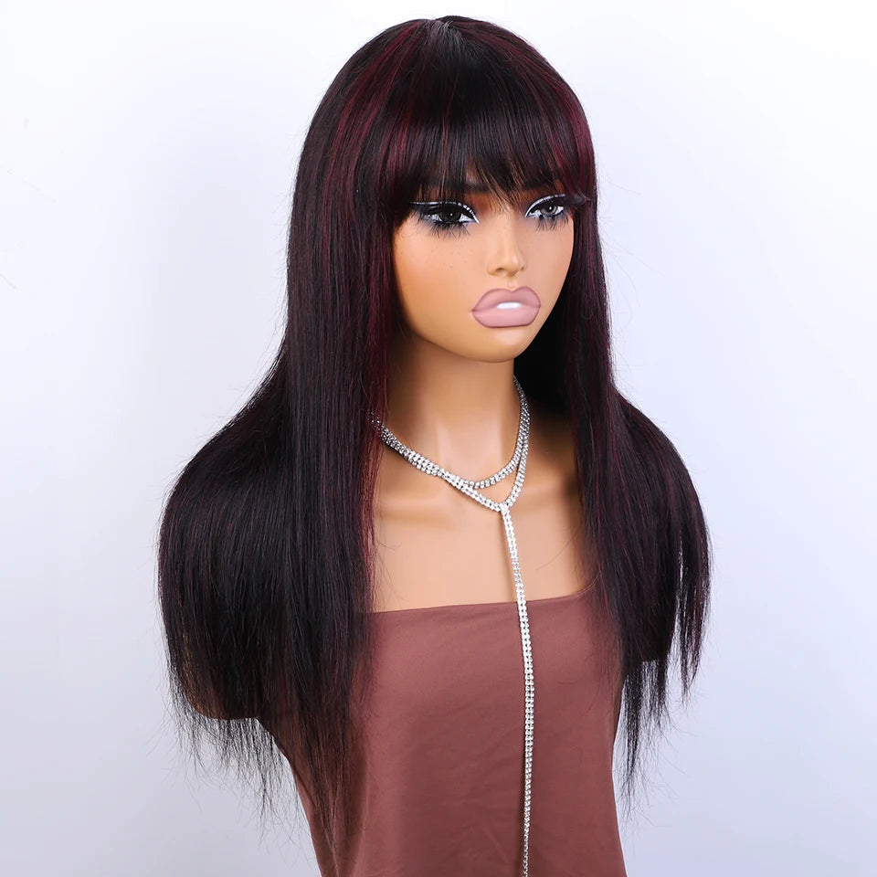 Lekker 24" Long Highlight Burg Red Bone Straight Human Hair Wigs With Bangs For Women Brazilian Remy Hair Full Machine Made Wigs