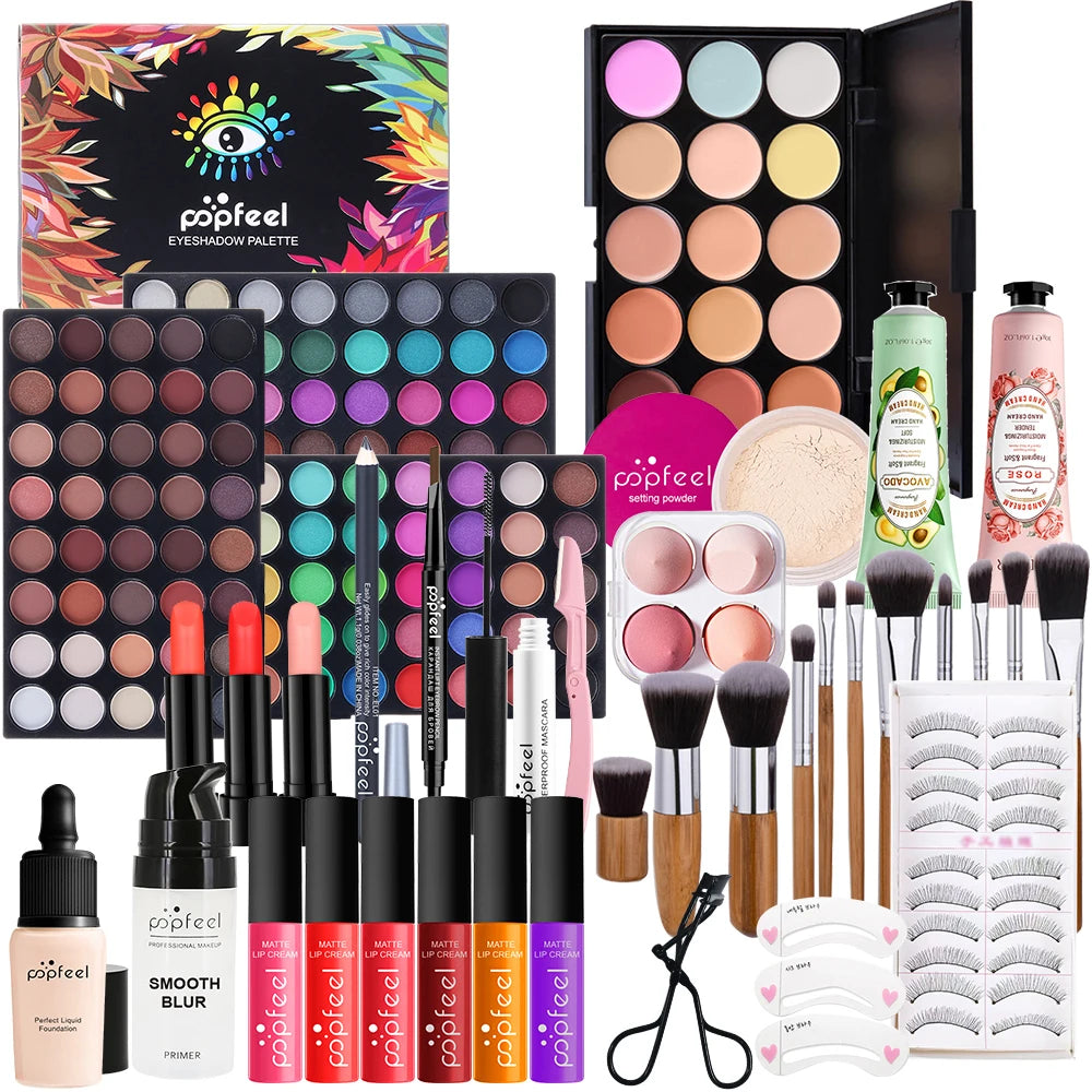 POPFEEL Multifunctional Women’s Makeup Set-Complete Beginner -Friendly Cosmetic Kit with Eyeshadow Palette, Lipstick, Hand Cream