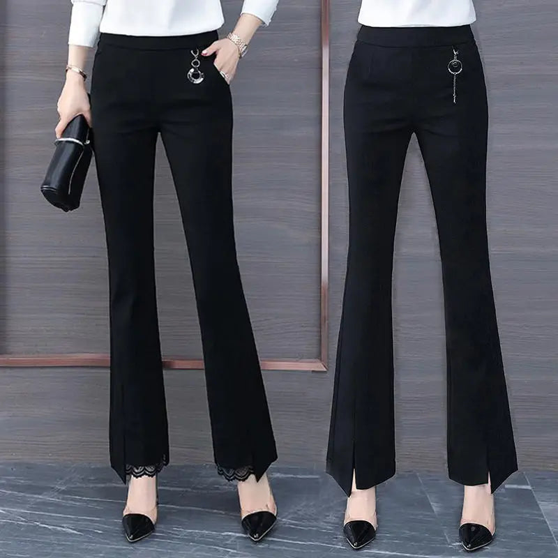 Flare Ladies Lace Patchwork High Waist Spring Autumn New Elasticity Black Trousers Women Clothing Fashion Solid Color Slim Pants