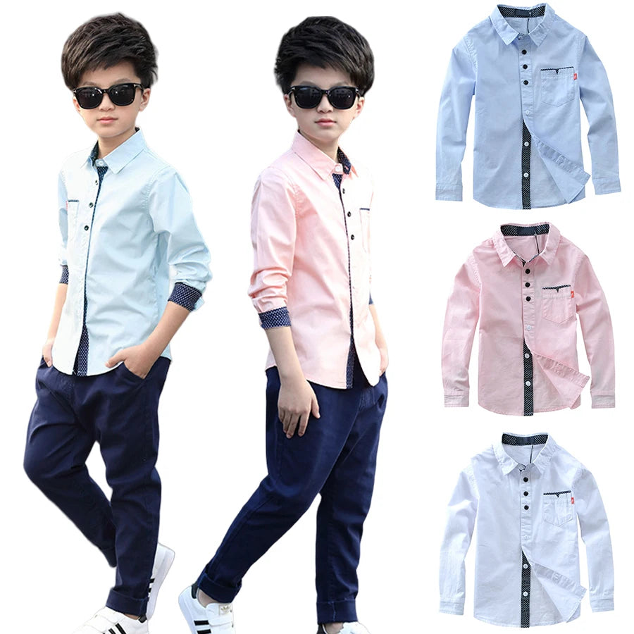 Kids Clothes Spring Autumn Boys Cotton Blouses Kids Boys Long Sleeve Shirt Children Fashion Shirt 5-15 Years Turn-down Collar