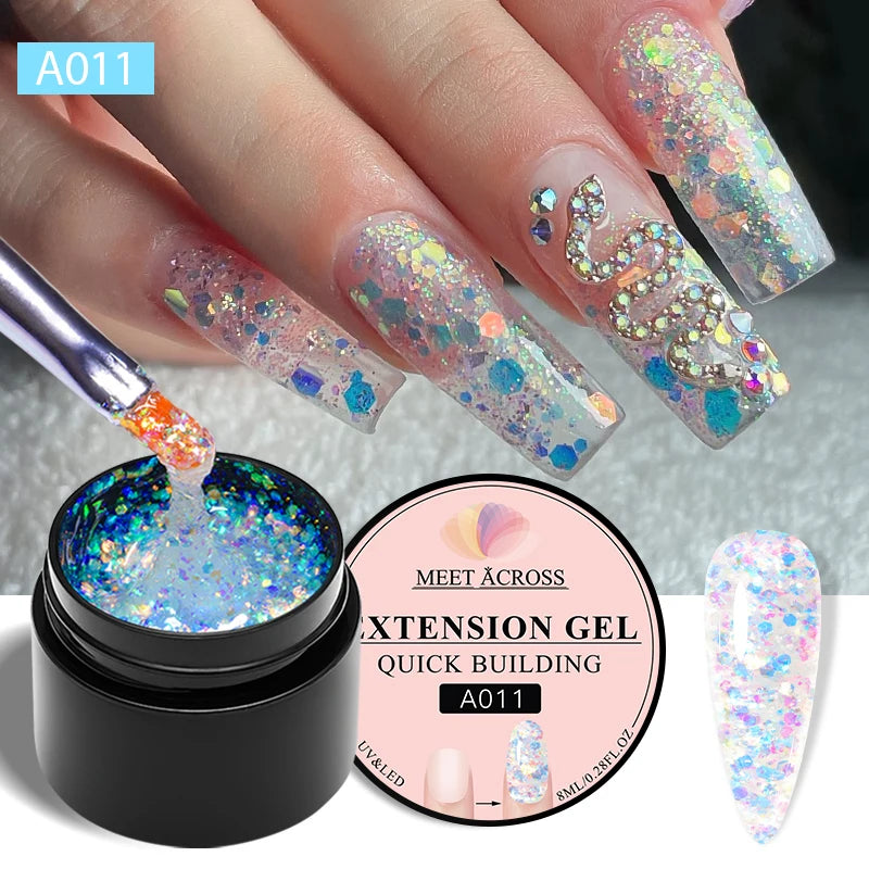 MEET ACROSS 7ML Pink Glitter Quick Extension Gel Nail Polish Gold Foils Effect Vernis Semi Permanent UV Gel Nail Art Hard Gel